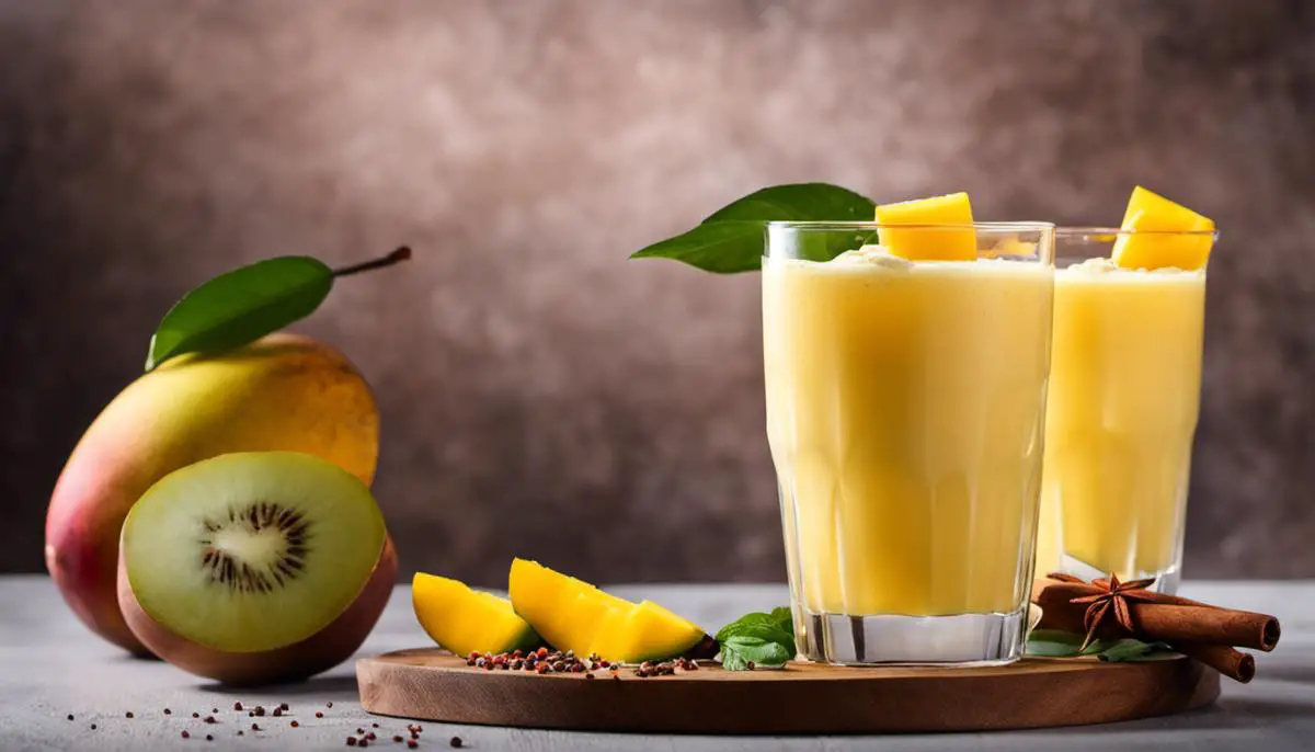 A glass filled with a creamy yellow drink garnished with a slice of fresh mango and a sprinkle of spices