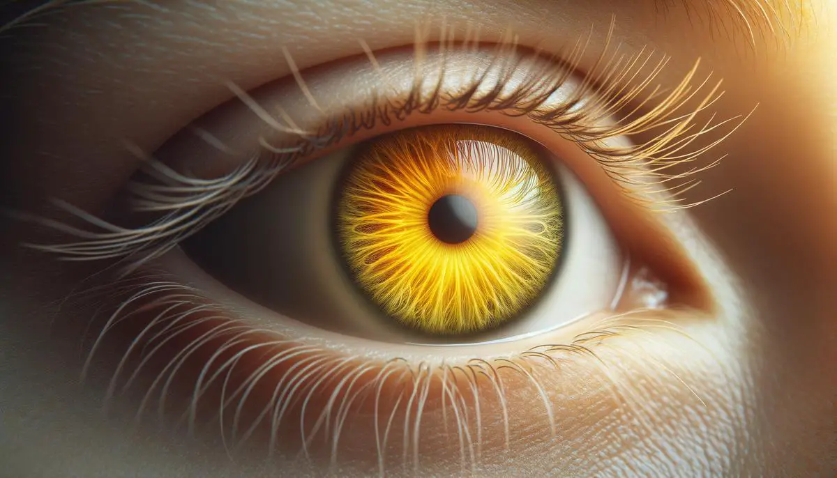 A close-up of a bright, healthy human eye with a vibrant yellow iris, symbolizing the eye health benefits of mango powder.