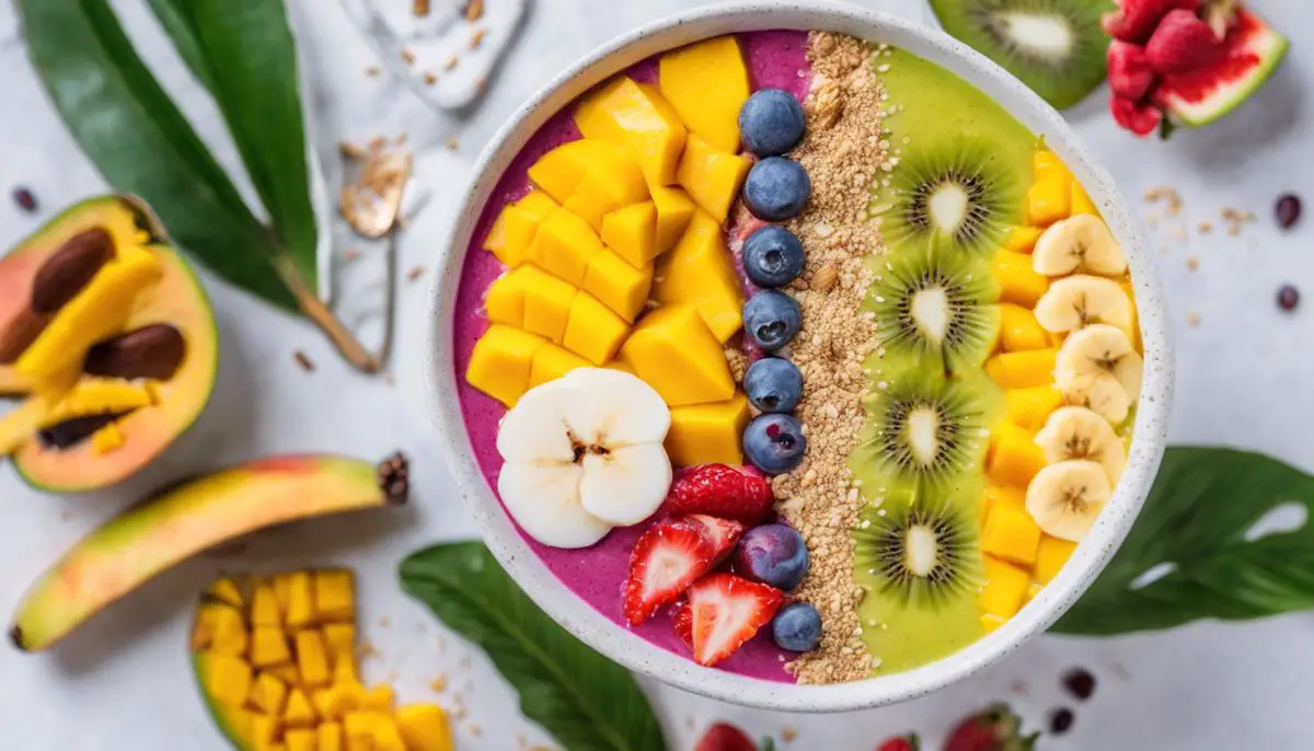 A vibrant and colorful smoothie bowl topped with mango powder, fresh mango slices, and other tropical fruits and toppings.