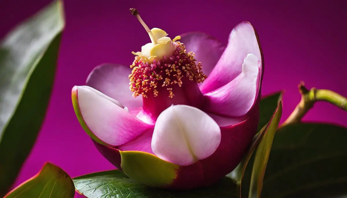 A closeup image of a fresh, vibrant magenta mangosteen with an intact 'flower' at the top.