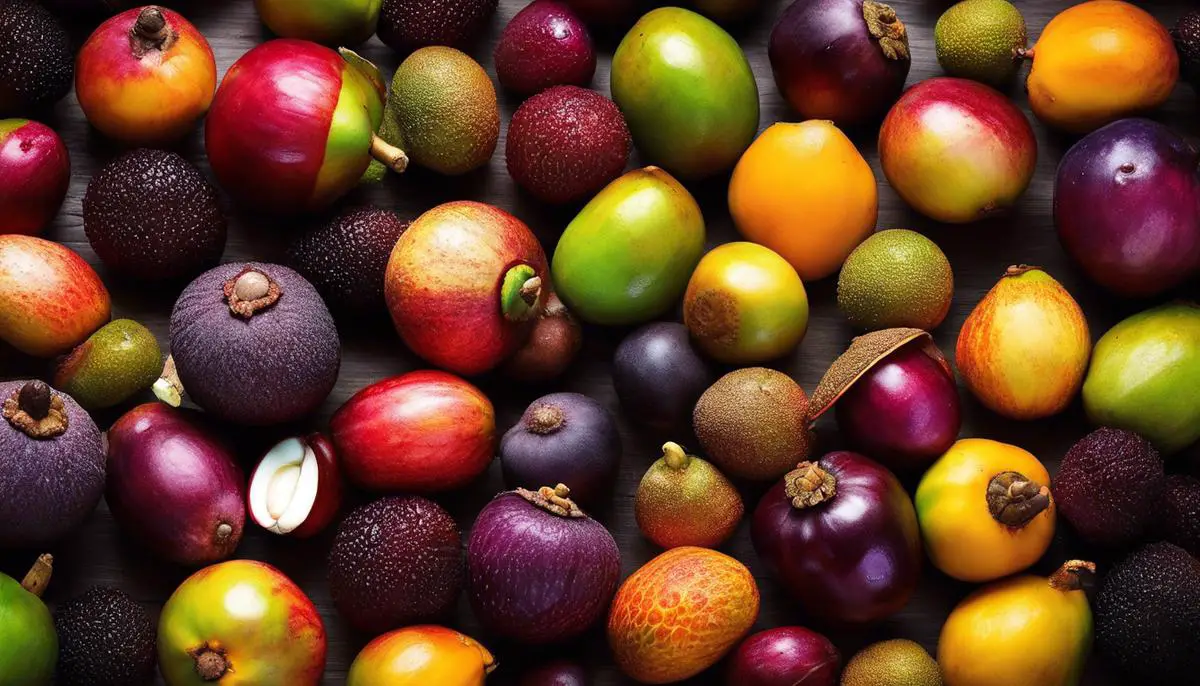 A visually stunning image displaying various colorful mangosteen fruits, showcasing the fruit's beauty and diversity.