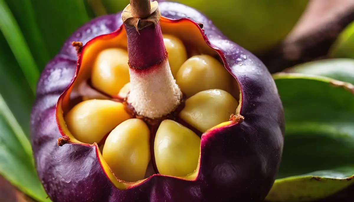 A close-up image of a ripe and healthy mangosteen with its purple skin and white interior, a mouthwatering tropical fruit.