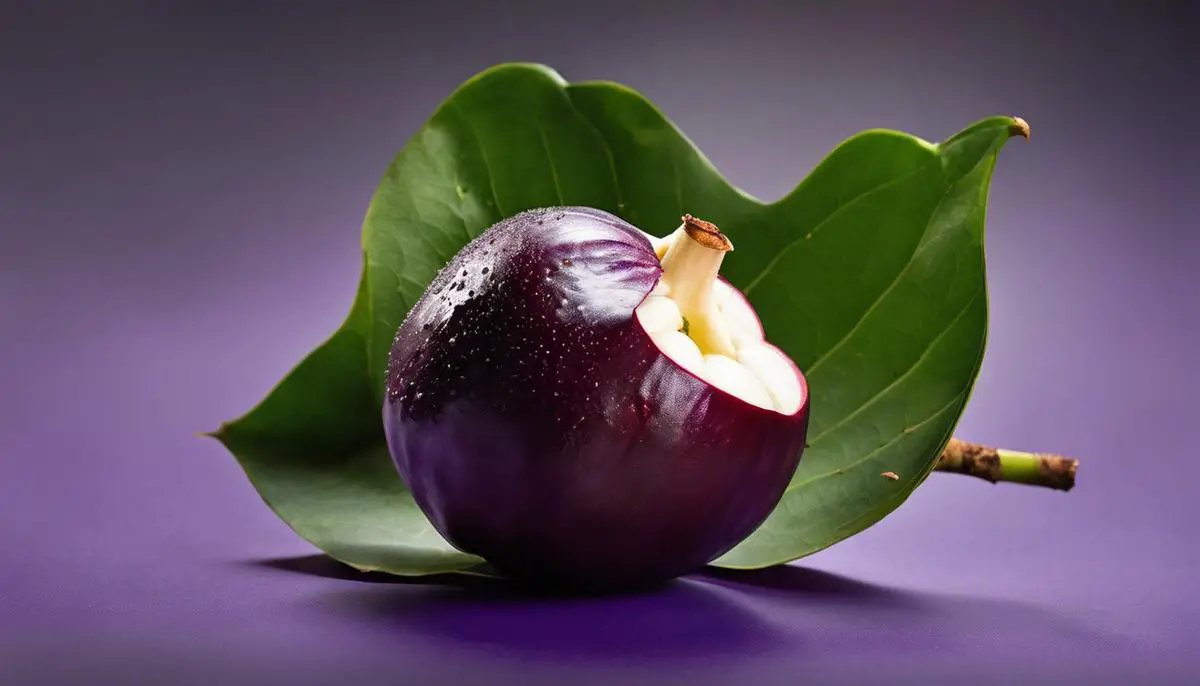 A photo of a ripe mangosteen with a glossy purple rind and green leaves, revealing the secret calyx at the bottom. It exemplifies the freshness and beauty of a perfectly picked mangosteen.