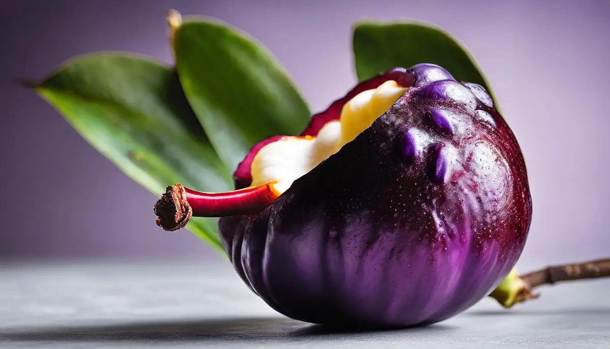 A vibrant image of a mangosteen, showcasing its purple exterior and white flesh, representing its unique and appealing characteristics.