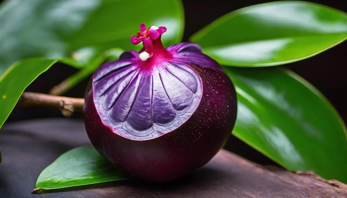 A ripe mangosteen fruit with purple skin and white flesh, showcasing its tropical beauty and enticing flavors.