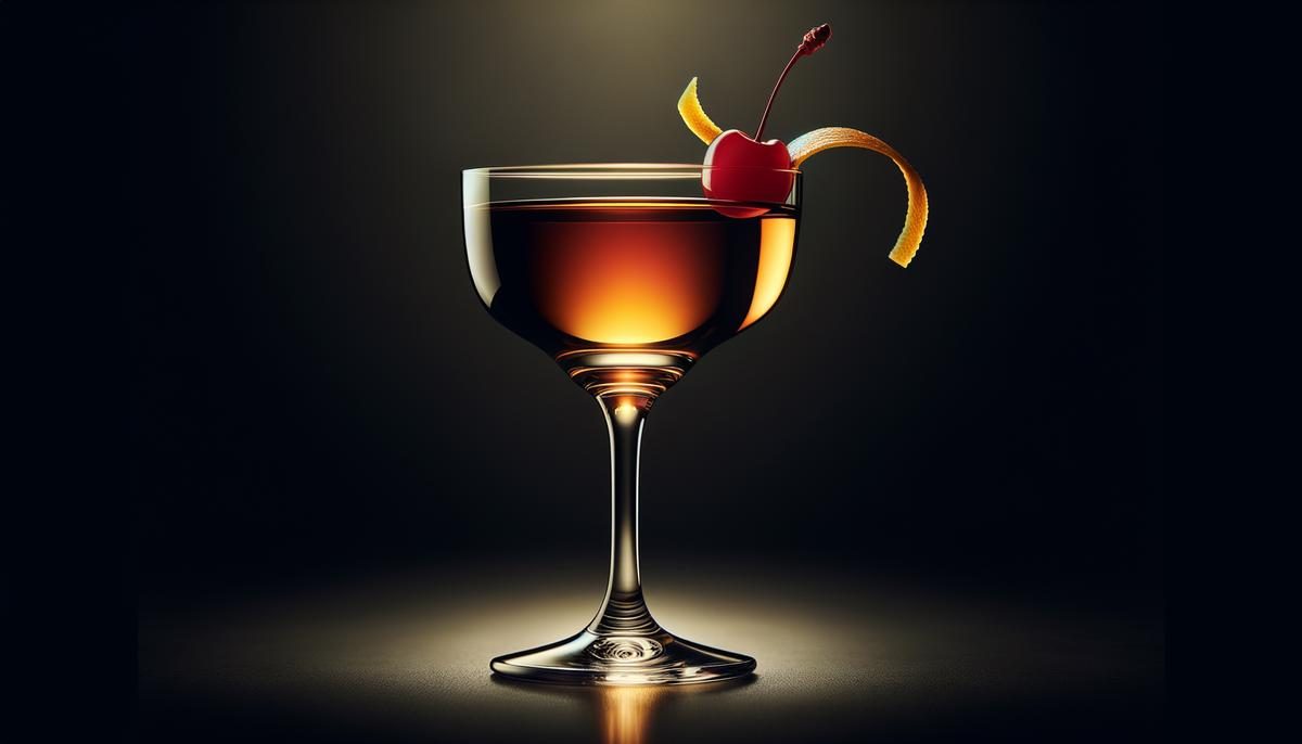 A classic Manhattan cocktail in a sophisticated glass, garnished with a cherry and an orange twist
