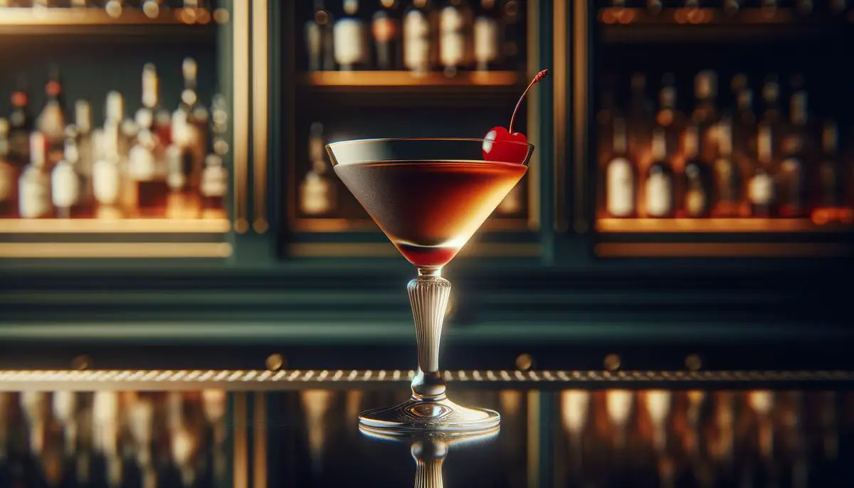A classic Manhattan cocktail garnished with a cherry, served in an elegant martini glass