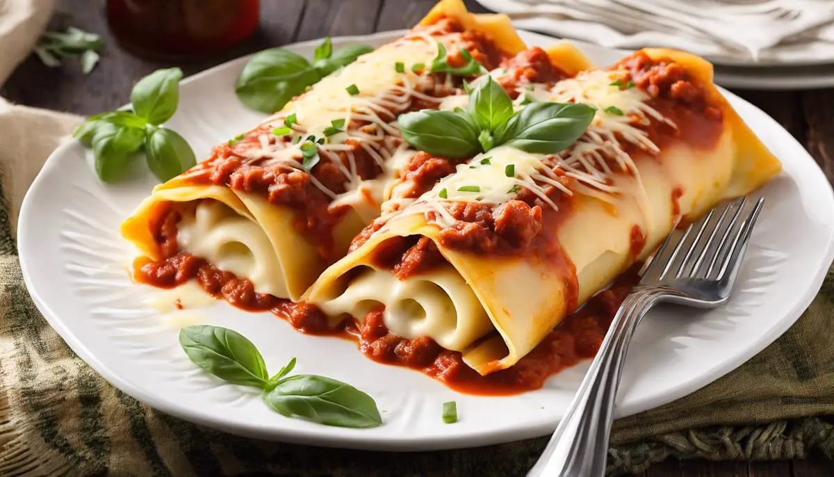 A delicious plate of manicotti pasta stuffed with cheese and covered in sauce and melted cheese.