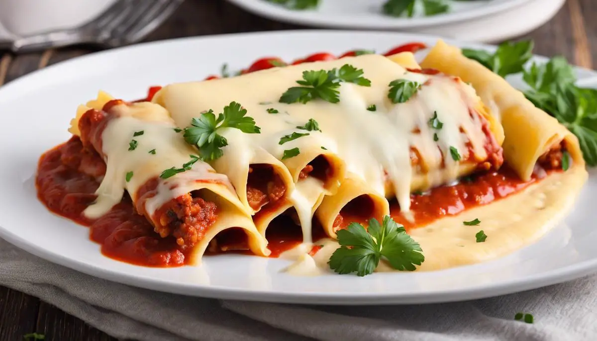 Image of a plate of manicotti being served, with the filling oozing out and topped with melted cheese and parsley.