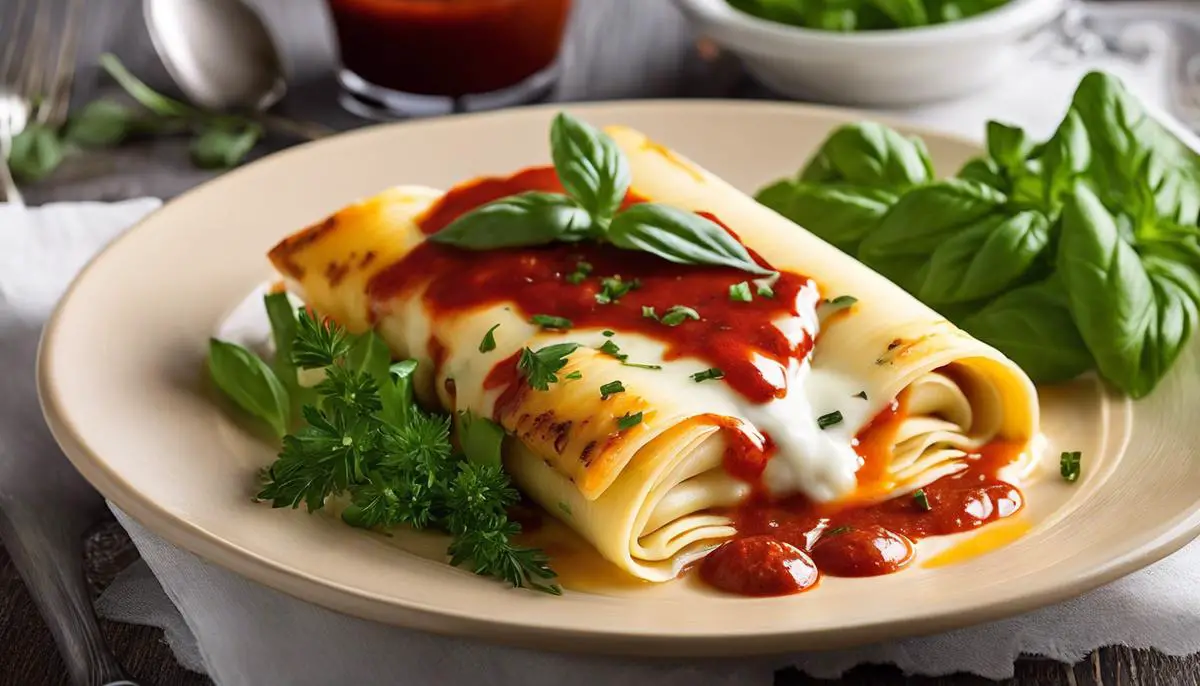 A dish of manicotti with melted cheese on top, surrounded by sauce and garnished with fresh herbs.