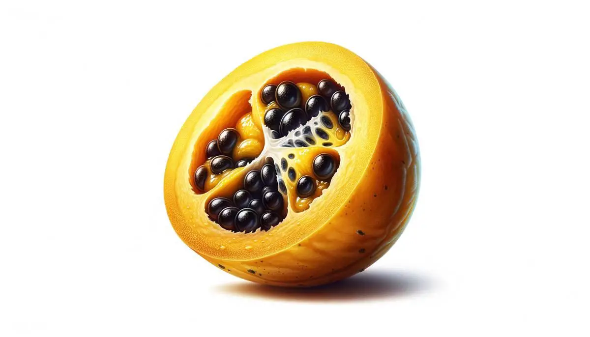 A close-up image of a ripe maracuya fruit, showcasing its vibrant yellow skin and juicy interior with black seeds