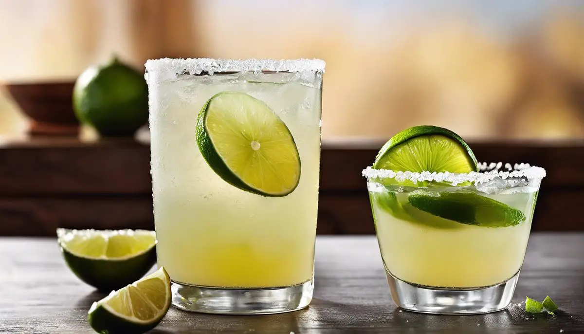 Image of the key ingredients for a classic margarita: tequila, lime juice, triple sec, and salt.
