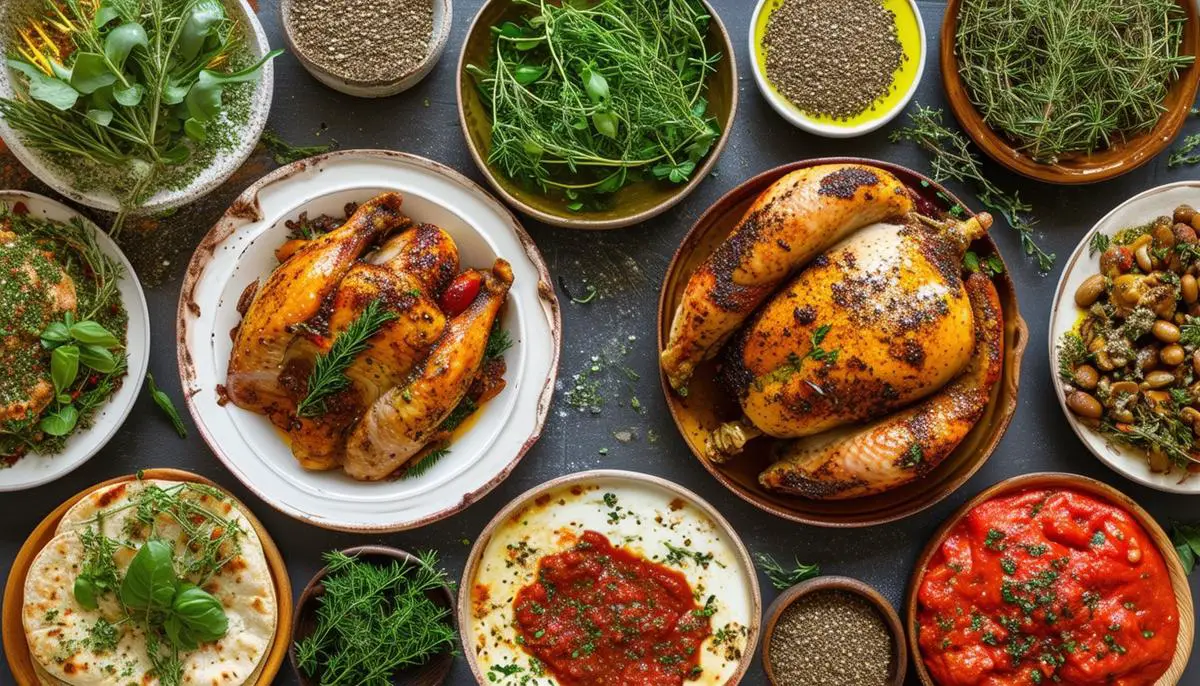 A visually appealing display of various dishes and recipes that incorporate marjoram, such as herb-infused olive oil, roasted chicken, za'atar spice mix, and tomato-based sauces, showcasing the herb's culinary versatility.