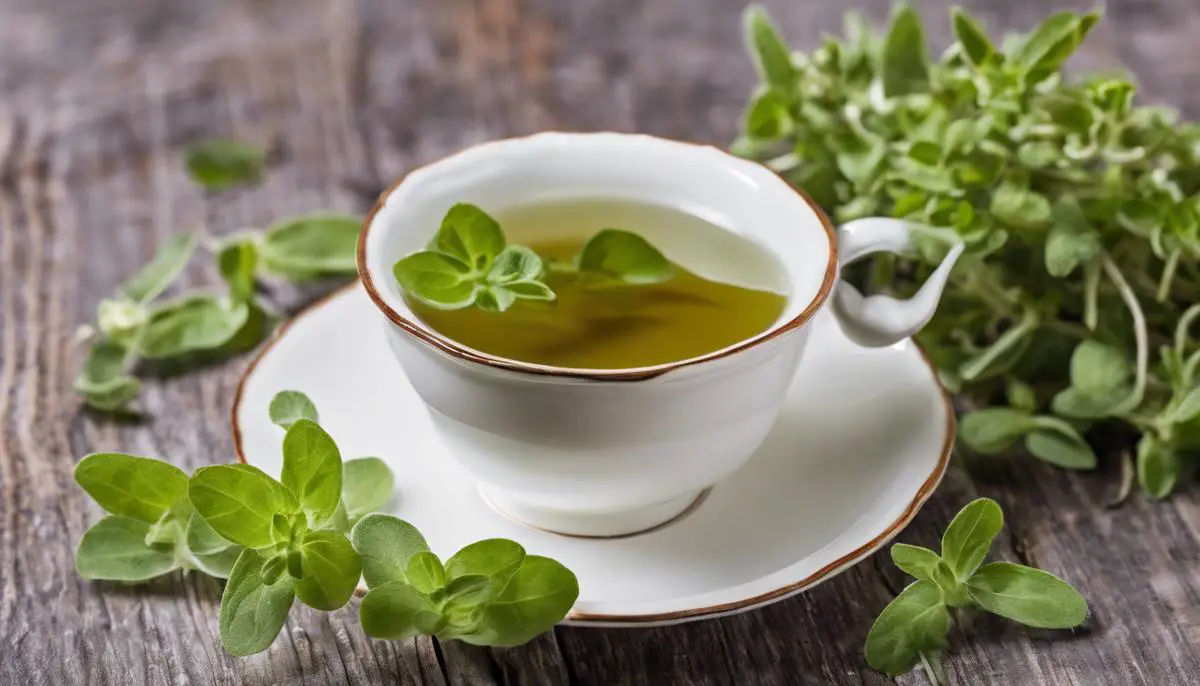 A cup of marjoram herbal tea with fresh marjoram leaves