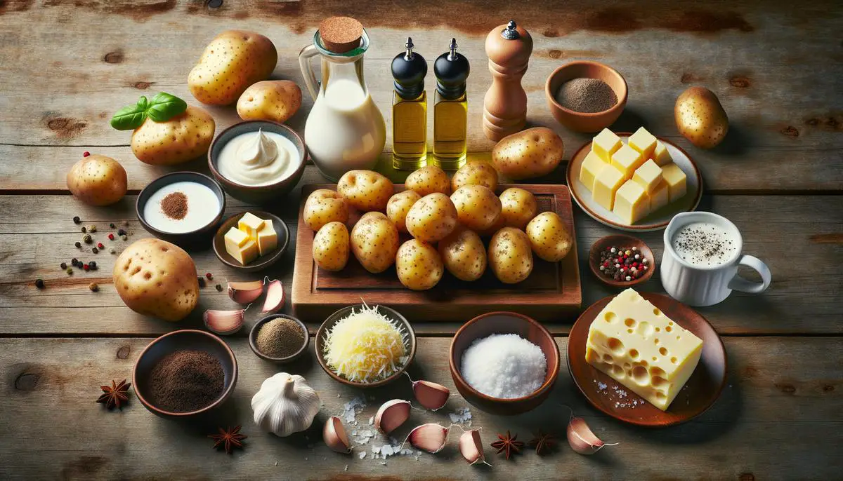 An overhead view of the ingredients needed to make truffle mashed potatoes, including potatoes, butter, sour cream, garlic powder, parmesan cheese, milk, truffle oil, salt and pepper, artfully arranged on a wooden table.