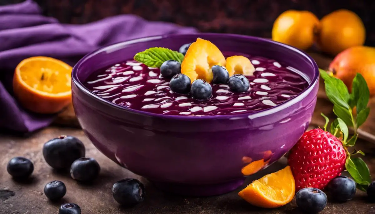 Image of a bowl of purple Mazamorra dessert surrounded by fruits, showcasing its vibrant colors and nutritional value.