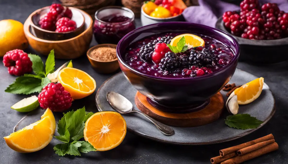 A colorful bowl of Mazamorra Morada, topped with fruits and cinnamon, representing the vibrant flavors and versatility of this South American dish.