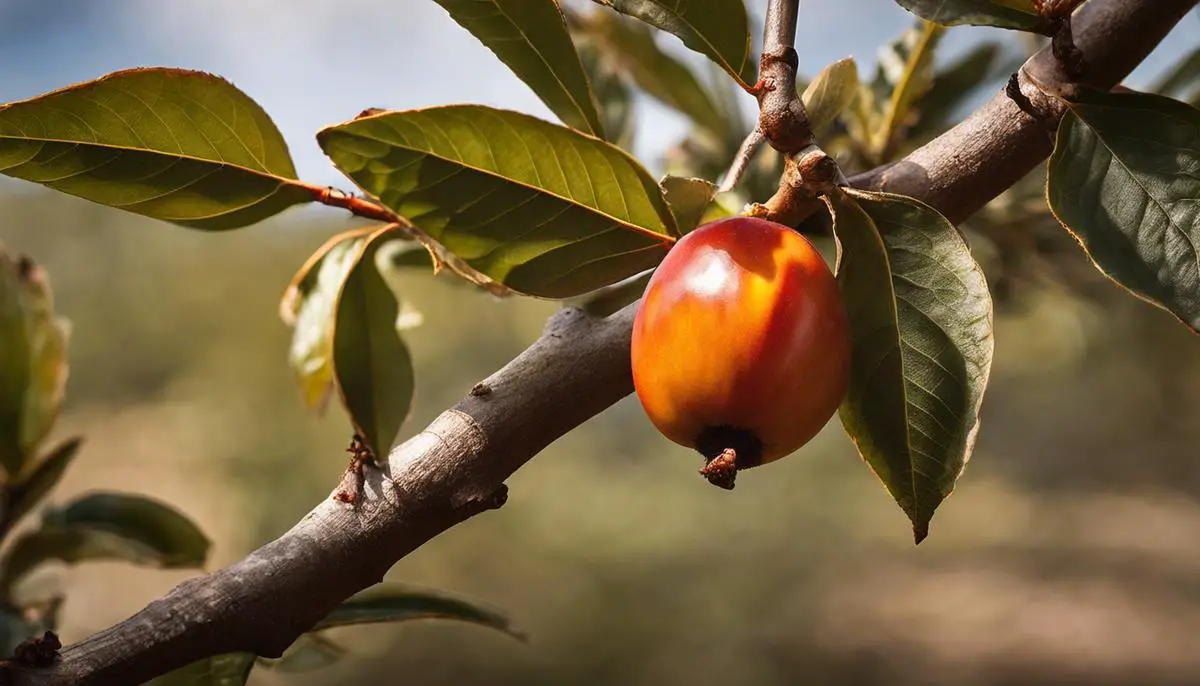 A close-up image of a ripe Mediterranean Medlar fruit hanging from a branch.