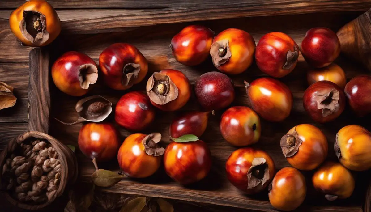 A close-up image of ripe medlars on a wooden table, showing their unique wrinkled texture and deep orange color.