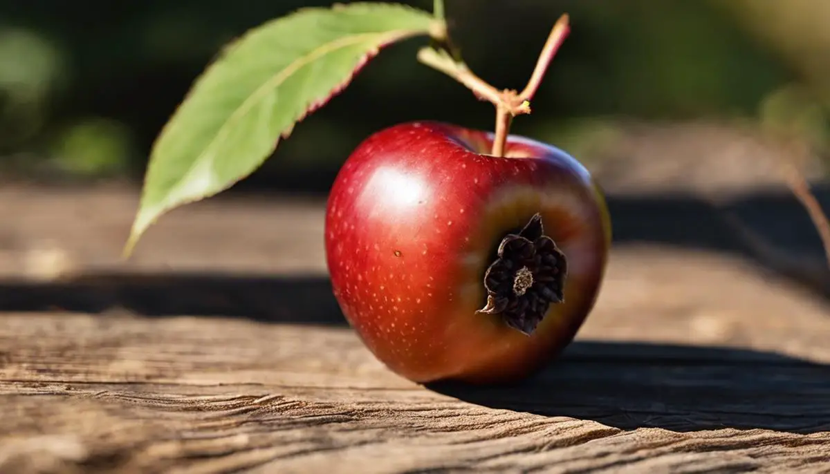 A small brownish fruit resembling a cross between an apple and a rosehip