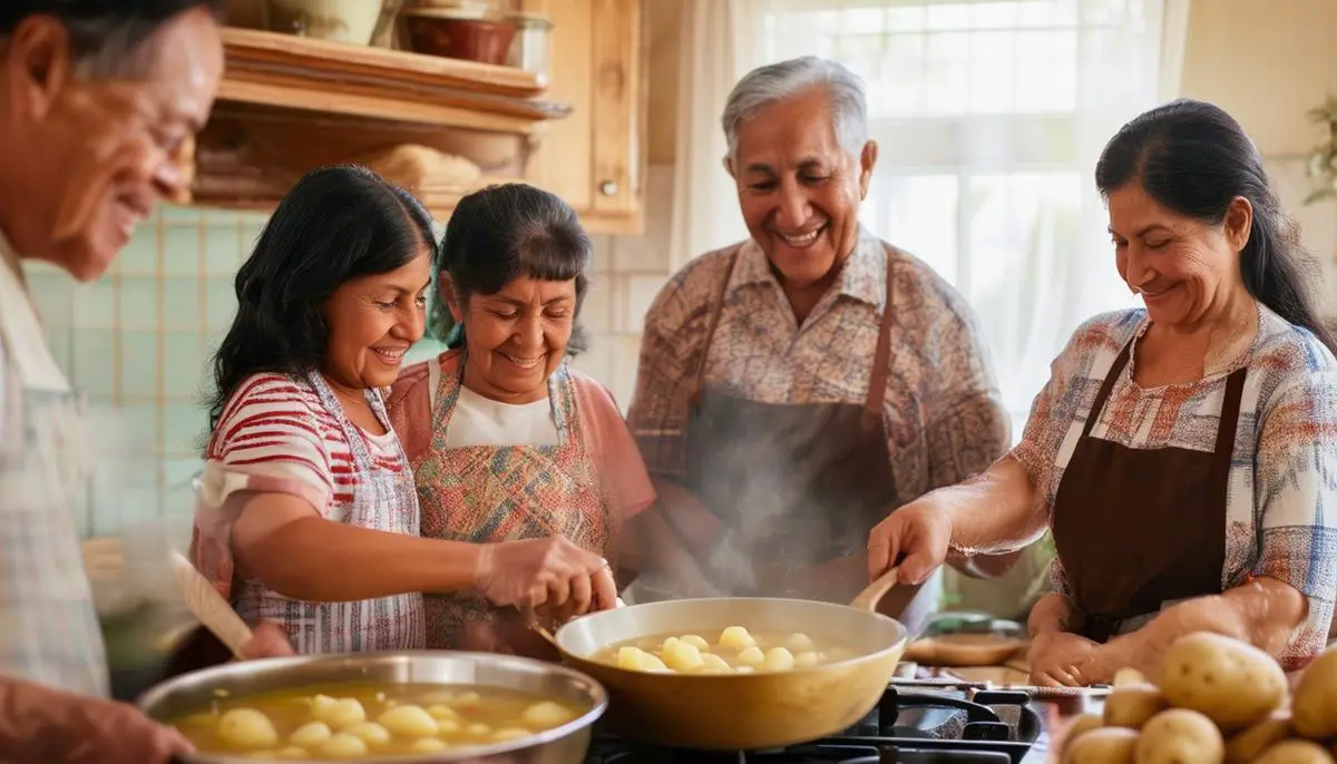 A multi-generational Mexican family gathered in the kitchen, cooking potato soup together. The scene is warm and inviting, with the family members smiling and interacting with each other as they prepare the soup.