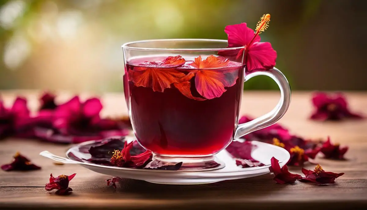 A picture of a cup of Mexican hibiscus tea with dried hibiscus petals floating on top.