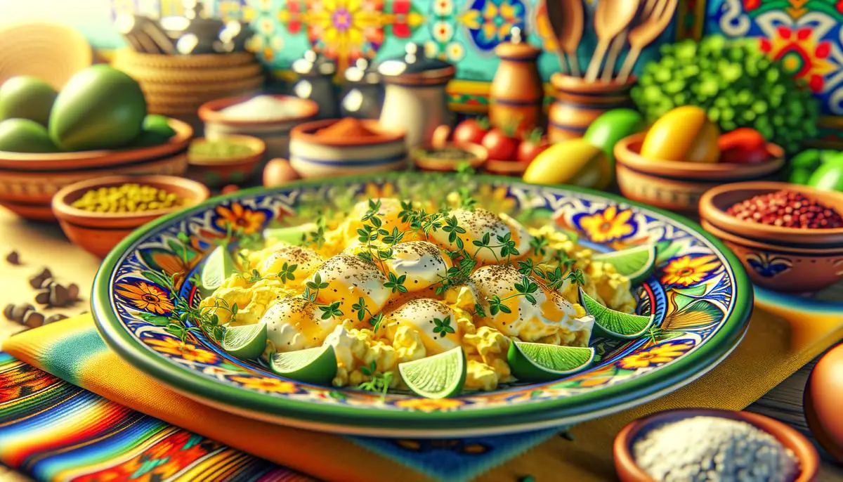 Scrambled eggs garnished with Mexican oregano leaves on a colorful Mexican-style plate