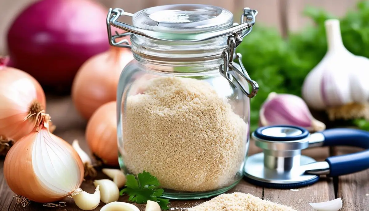 A glass jar filled with minced onion powder, surrounded by fresh onions, garlic cloves, and a stethoscope, symbolizing its health benefits.