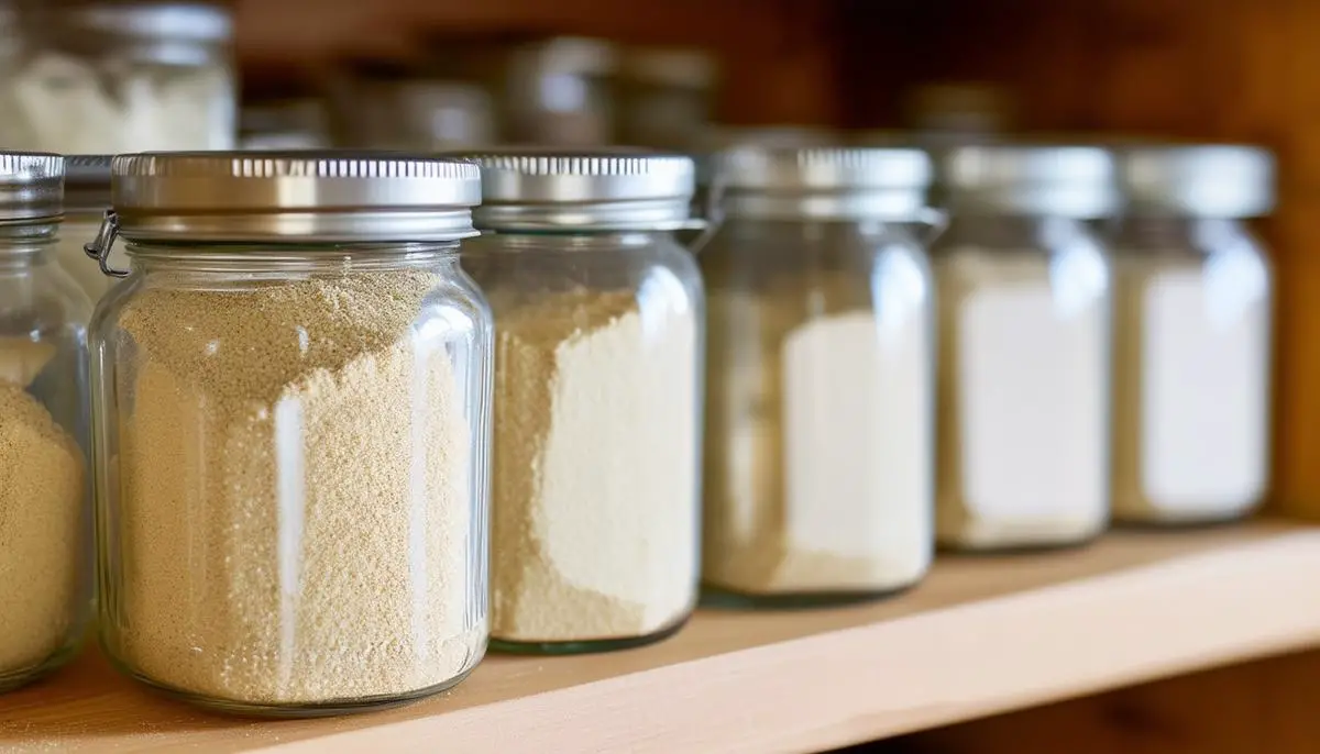 Glass jars filled with minced onion powder, labeled and stored in a cool, dry pantry shelf.
