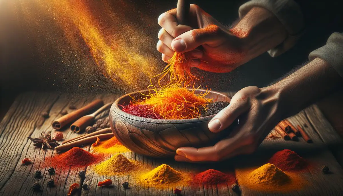 A hand mixing a colorful blend of spices in a wooden bowl to create paella seasoning