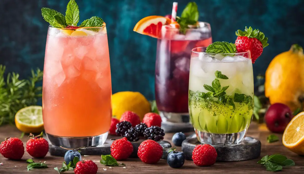 A refreshing mocktail served in a fancy glass, garnished with fresh fruits and herbs.