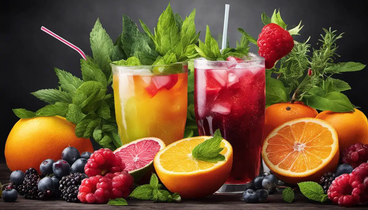 Illustration of vibrant fruits and herbs that are commonly used in mocktails