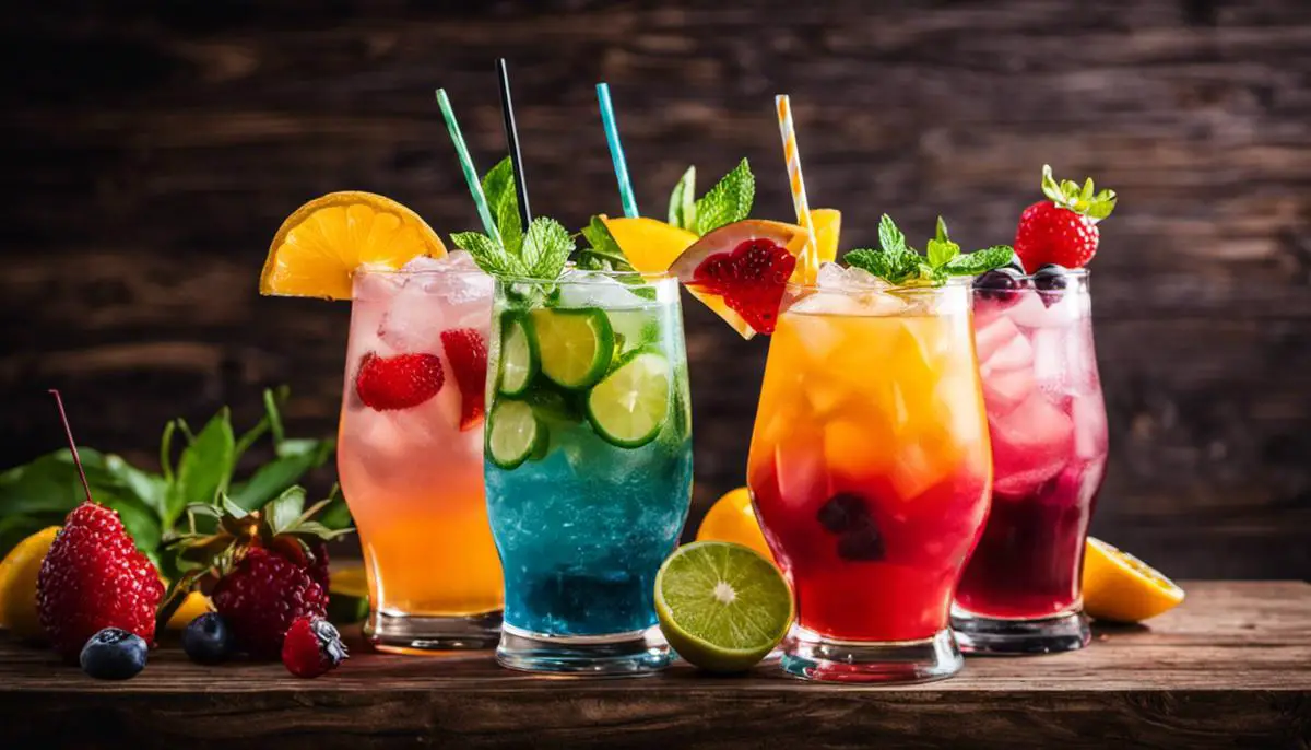 A variety of colorful mocktails in different glasses, topped with fruit garnishes, and served on a wooden table