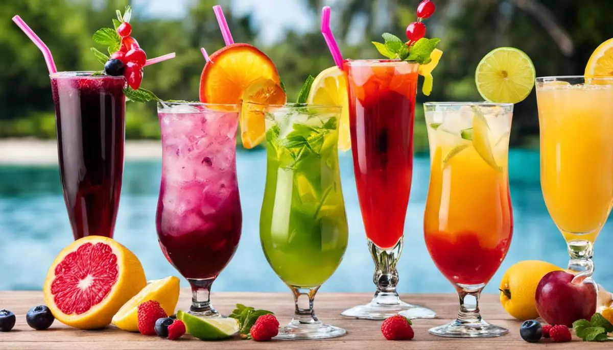 A vibrant image showcasing a variety of colorful mocktails with fruit garnishes, highlighting the visual appeal and creativity of these non-alcoholic beverages.