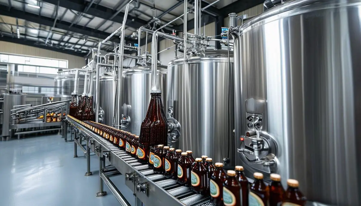 A modern root beer production line, featuring stainless steel tanks, conveyor belts, and bottles being filled with the beverage.