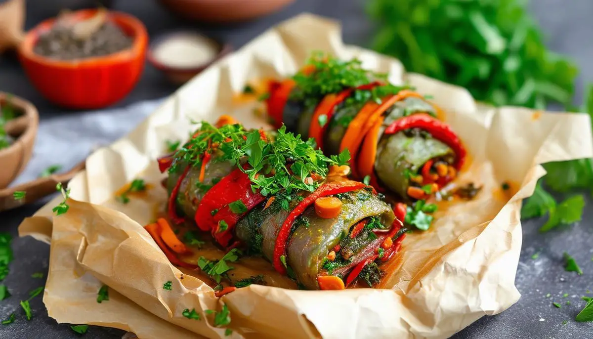 A modern vegan version of kishka made with vegetables and wrapped in parchment paper