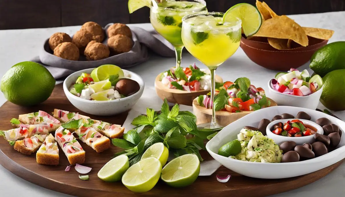 A picture of delicious food items that perfectly pair with a refreshing Mojito, including ceviche, bruschetta, tacos, goat cheese, key lime pie, and chocolate truffles.