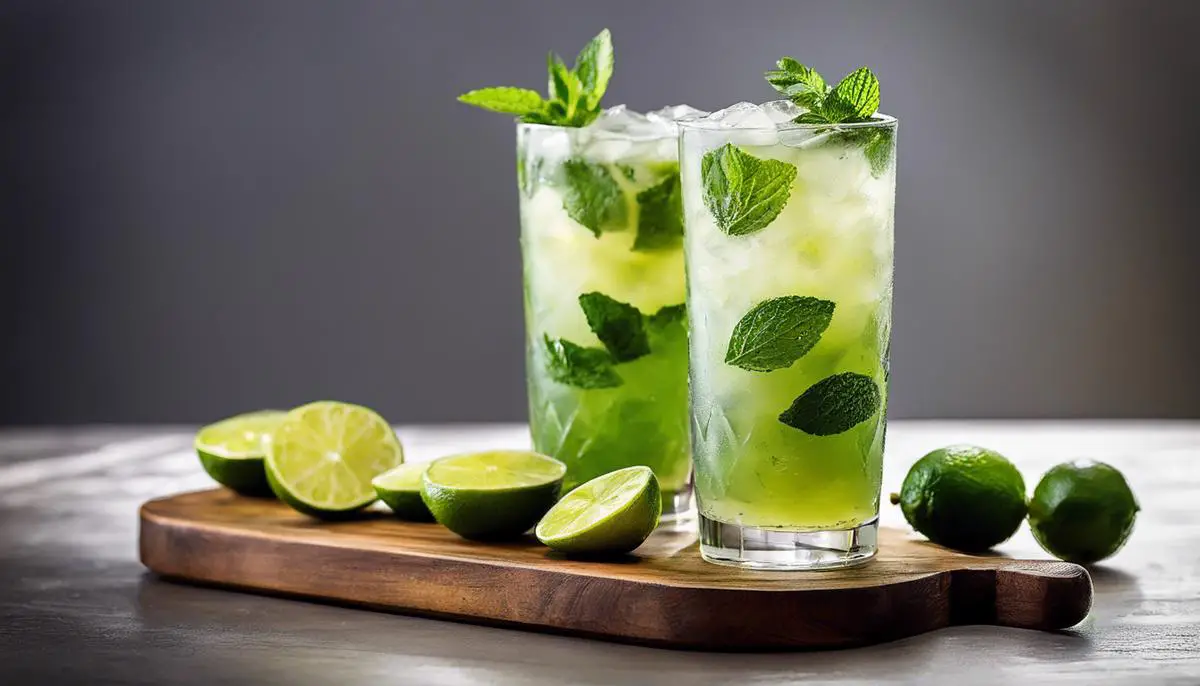 A refreshing mojito with lime and mint garnish.