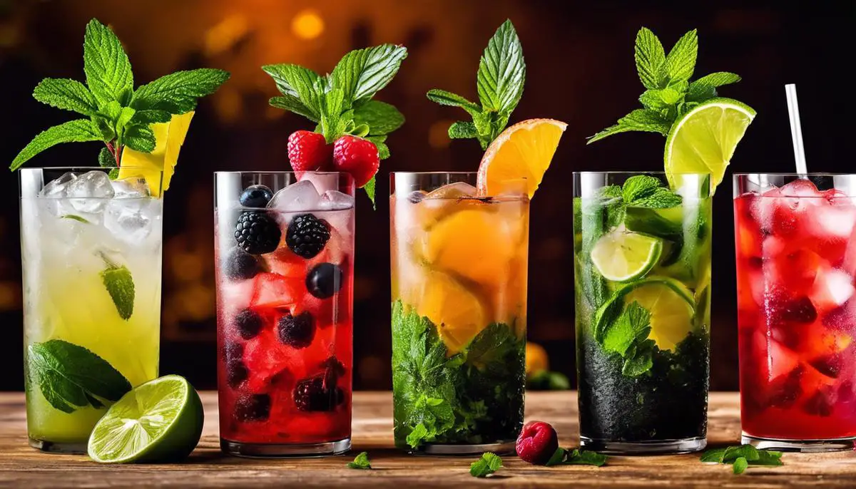 Varieties of uniquely flavored Mojitos garnished with fresh fruits and herbs