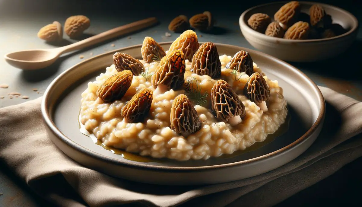 A plate of creamy risotto with sautéed morel mushrooms on top