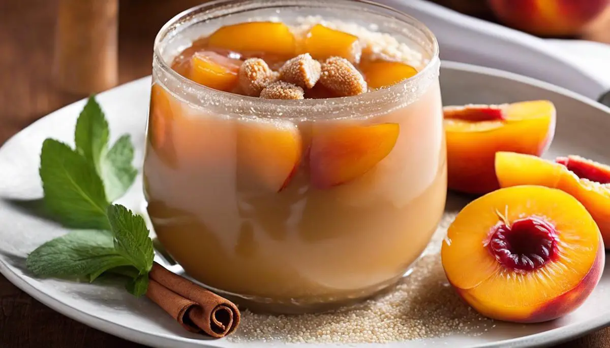A photo of a delicious Mote con Huesillo, a Chilean dessert consisting of boiled barley, rehydrated peaches, and a sugar, lemon, and cinnamon-infused syrup.