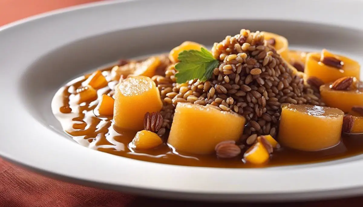 A traditional Chilean dessert called Mote con Huesillo. It consists of cooked barley, rehydrated dried peaches, and a sweet syrup. The dish exudes simplicity and unique flavors.