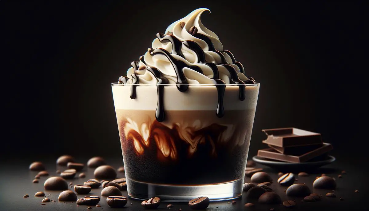 A delicious and creamy Mudslide cocktail garnished with whipped cream and chocolate syrup.