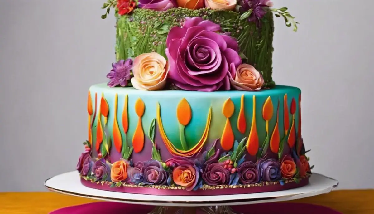 A beautifully layered torte with vibrant colors and exquisite decorations.