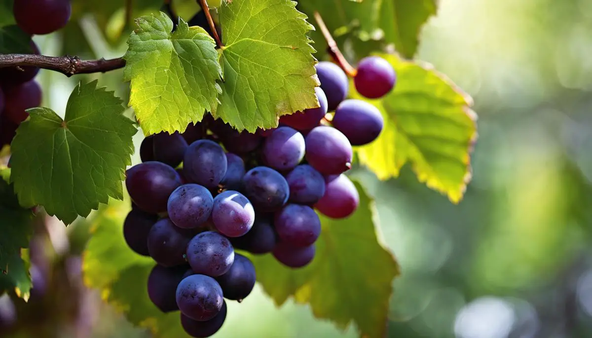 Image of a bunch of muscadine grapes, showcasing their vibrant colors and texture
