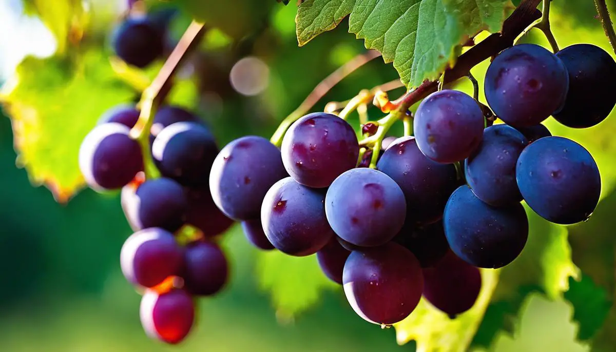 A close-up image of ripened muscadine grapes hanging from a vine. The grapes are a deep purple color and glistening in the sunlight.