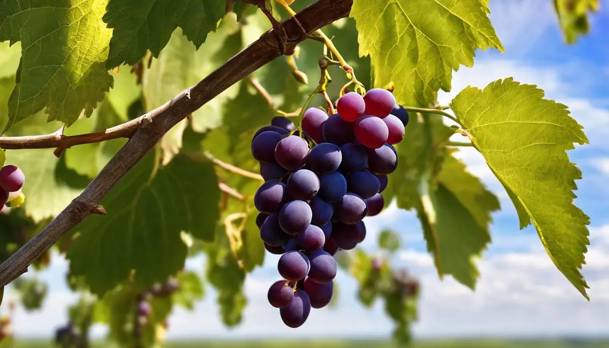 A bunch of ripe muscadine grapes hanging from a vine for harvesting