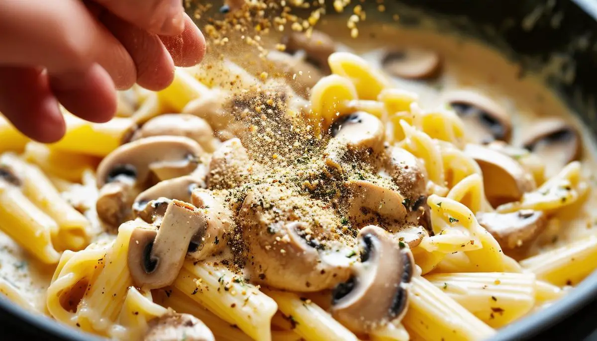 A hand sprinkling mushroom seasoning powder into a pot of creamy pasta sauce, showcasing one of its many culinary applications.