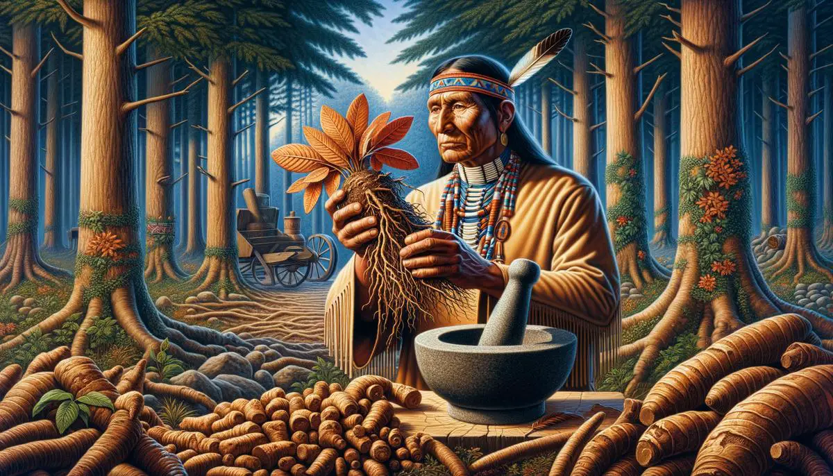 A Native American man holding sassafras roots, with a mortar and pestle in the background, representing the traditional medicinal use of the plant.