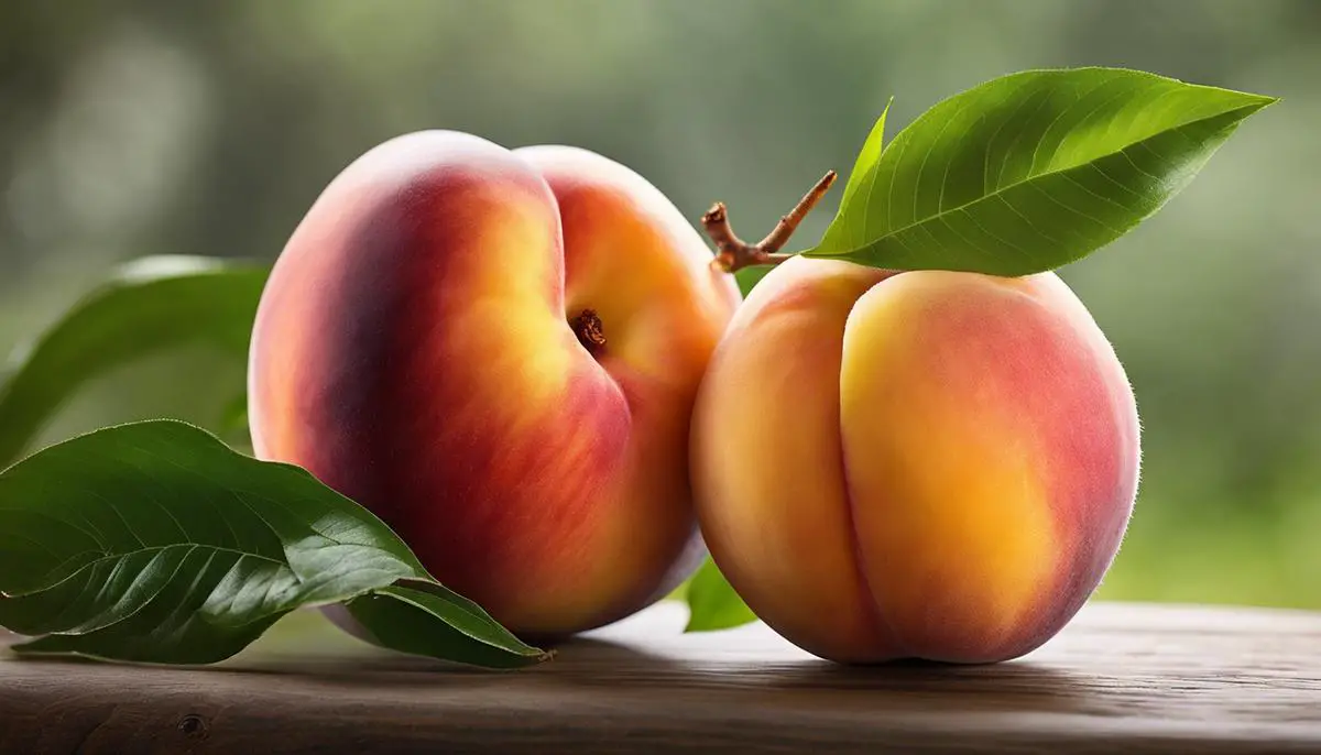A comparison of a nectarine and a peach. The nectarine has a smooth skin and bright orange flesh, while the peach has a fuzzy skin and pale yellow flesh.